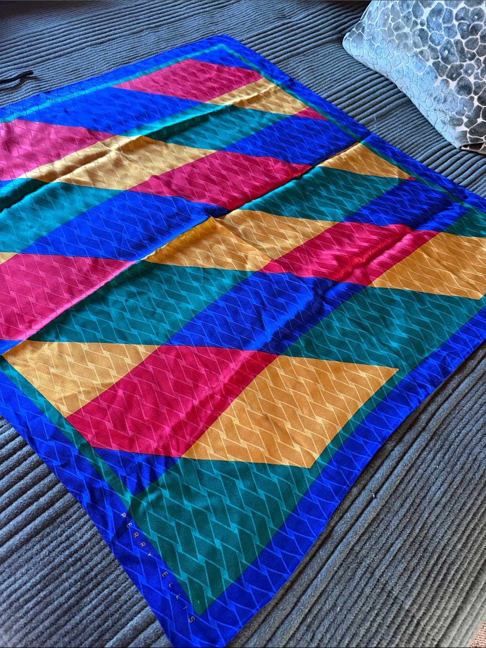 Colorblock Diagonal Silk Scarf in Blue, Pink, Gold, and Green 31” x 31”